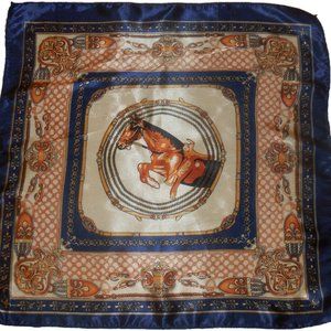 Vintage Scarf 19" Square Satin blue tan horse print classic neckerchief